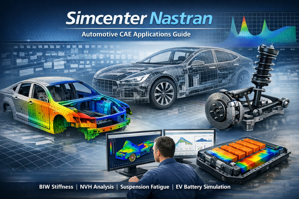 Simcenter Nastran automotive applications including BIW stiffness simulation, NVH analysis, suspension fatigue analysis, and EV battery structural simulation