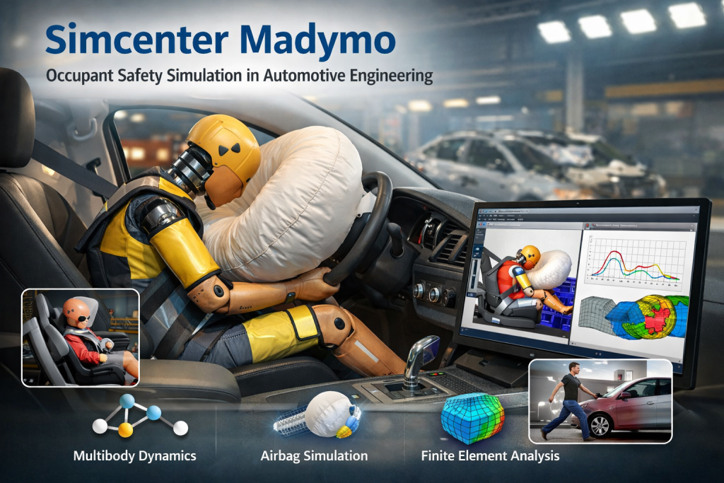 Simcenter Madymo occupant safety crash simulation showing crash dummy interacting with airbag and vehicle restraint system during automotive collision analysis.