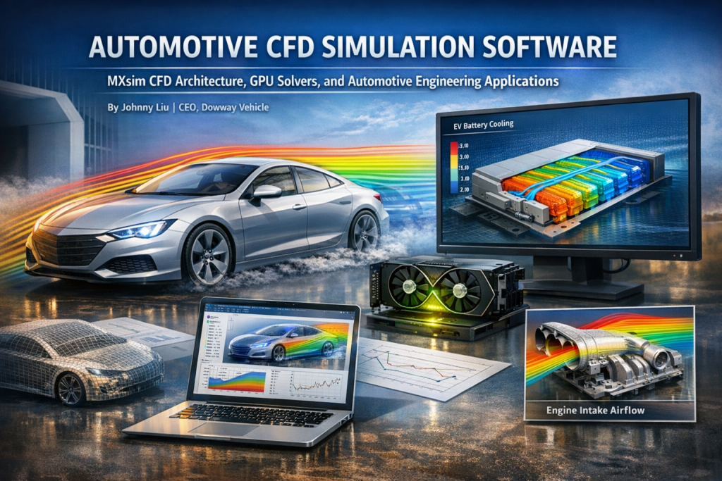 Automotive CFD simulation showing vehicle aerodynamics airflow, EV battery cooling analysis, GPU accelerated solver and MXsim CFD engineering platform