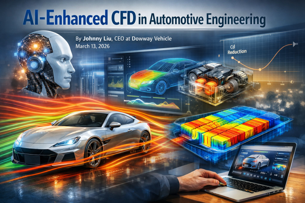 AI-Enhanced CFD in Automotive Engineering, featuring a silver sports car, neural network head, airflow simulation, and thermal map of an electric vehicle's battery