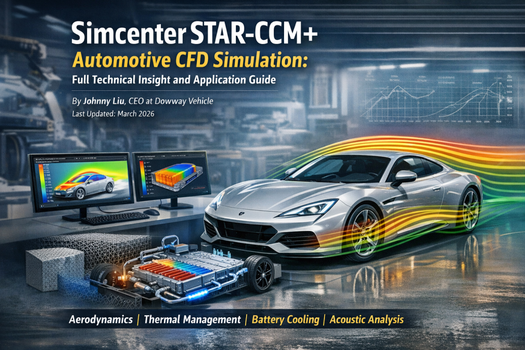 Simcenter STAR-CCM+ automotive CFD simulation showing a silver sports car in a wind tunnel with CFD airflow lines, and thermal analysis of an electric vehicle battery