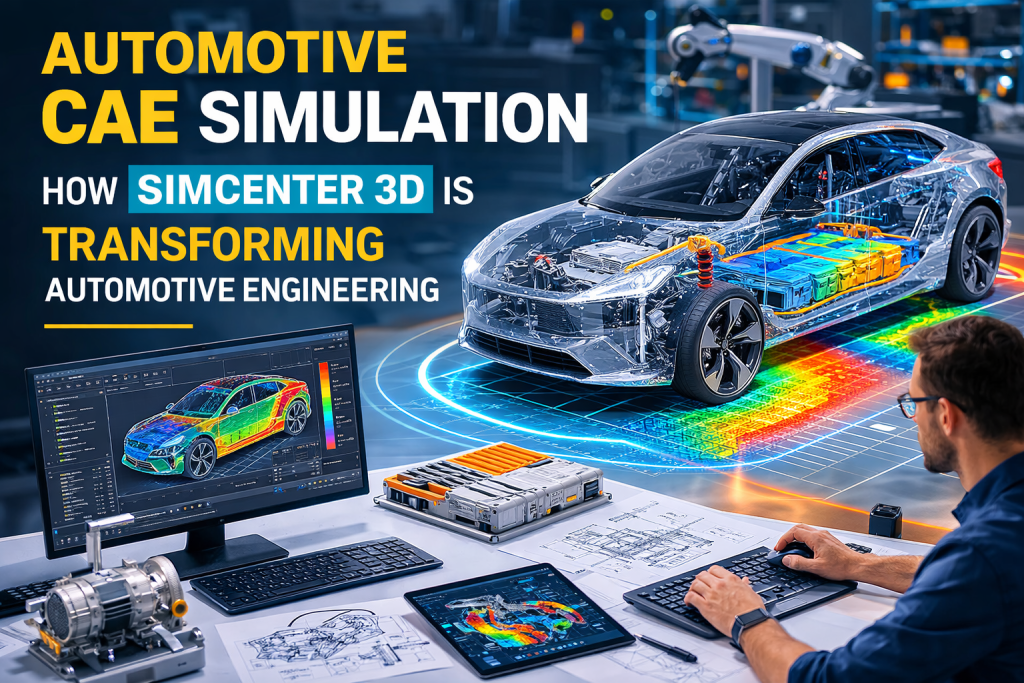 3D automotive simulation showcasing Simcenter 3D technology, with an engineer analyzing vehicle dynamics and structural integrity in a high-tech lab environment