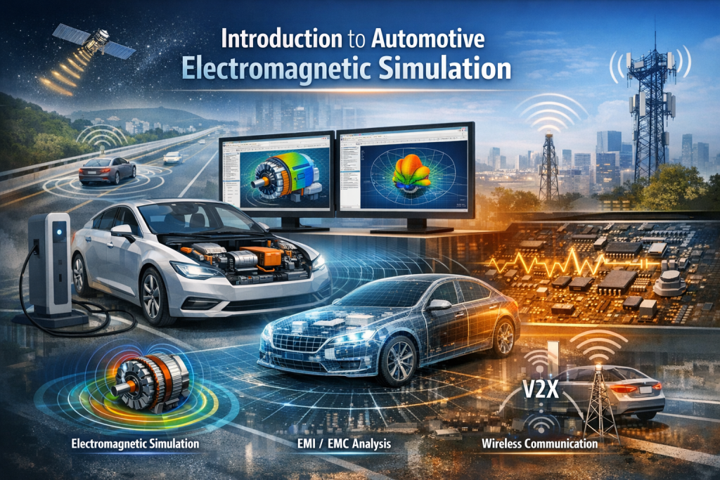A digital illustration showcasing automotive electromagnetic simulation, featuring an electric vehicle, motor, and antenna simulation on screens, with a futuristic city backdrop and wireless communication signals.