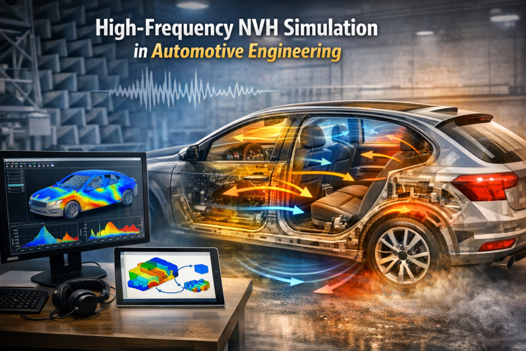 High-frequency NVH simulation in automotive engineering showing vibration energy paths and acoustic analysis in a vehicle cabin