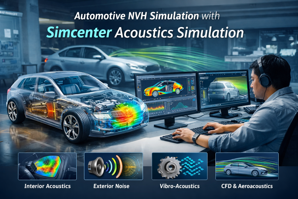 Automotive NVH simulation using Simcenter acoustics software showing a vehicle model, sound pressure distribution, and engineer analyzing noise and vibration data on monitors