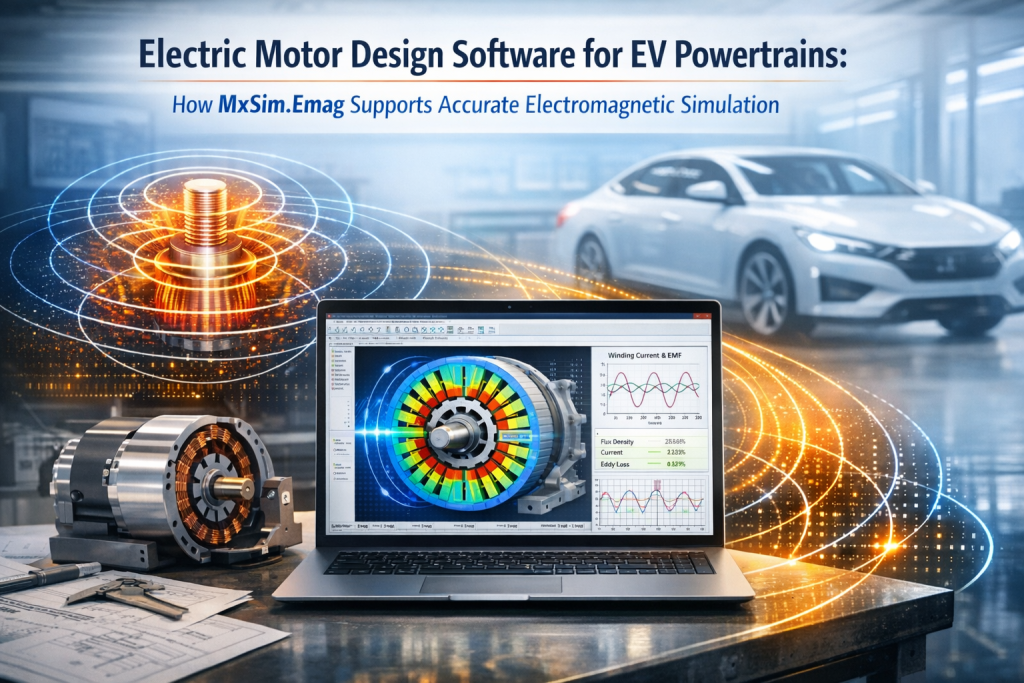 Electric motor design software interface simulating EV powertrain motor electromagnetic field and winding current analysis