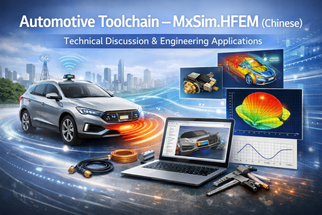 High-frequency electromagnetic simulation for automotive engineering using MxSim.HFEM, showing vehicle radar antenna analysis, EM field visualization, and CAE simulation interface.