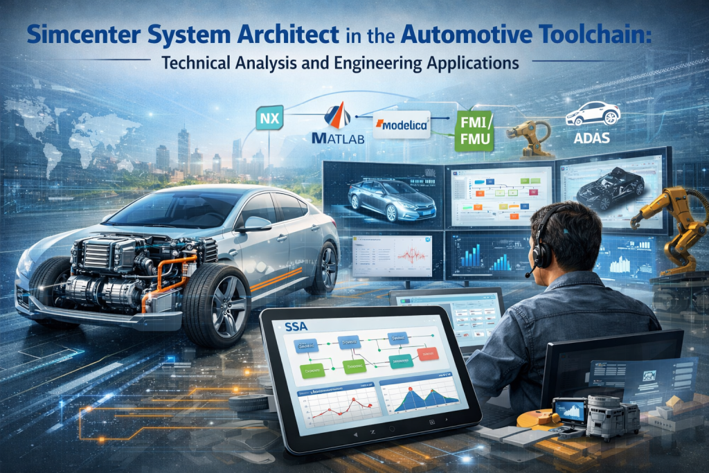 Simcenter System Architect automotive MBSE system architecture simulation workflow connecting EV powertrain, ADAS, MATLAB, Modelica and NX engineering tools