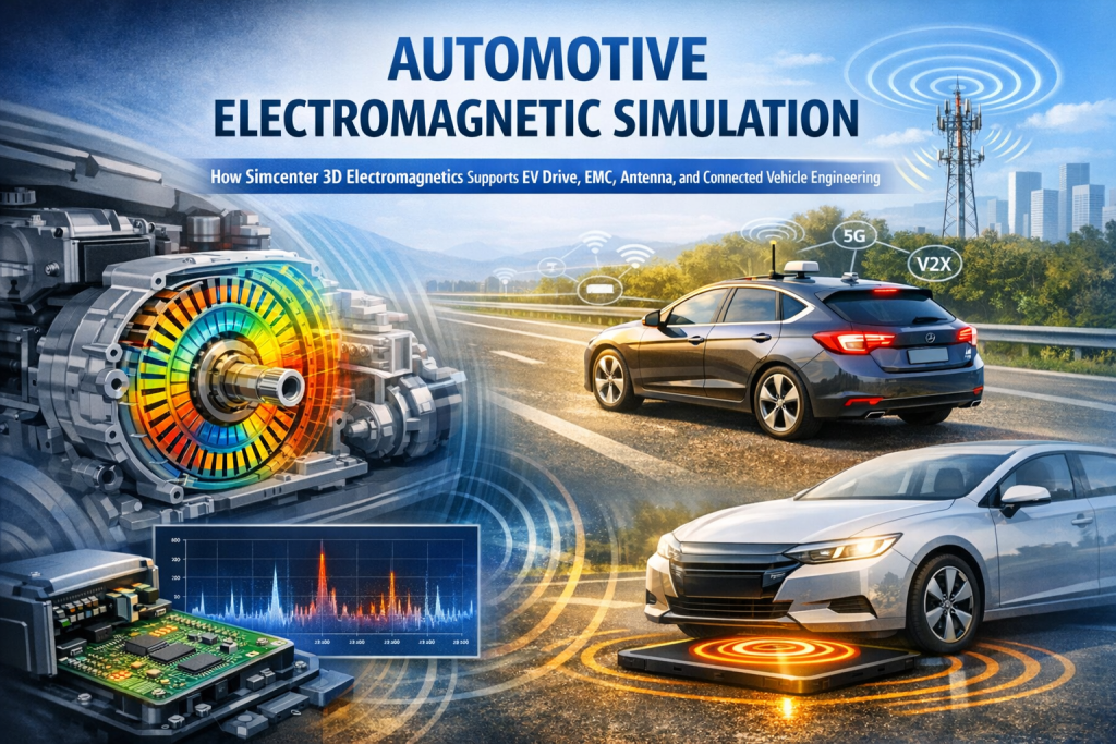 Illustration showing automotive electromagnetic simulation in action, featuring a 3D model of an electric motor with magnetic flux, vehicle communication signals for V2X and 5G, and a wireless charging scenario.
