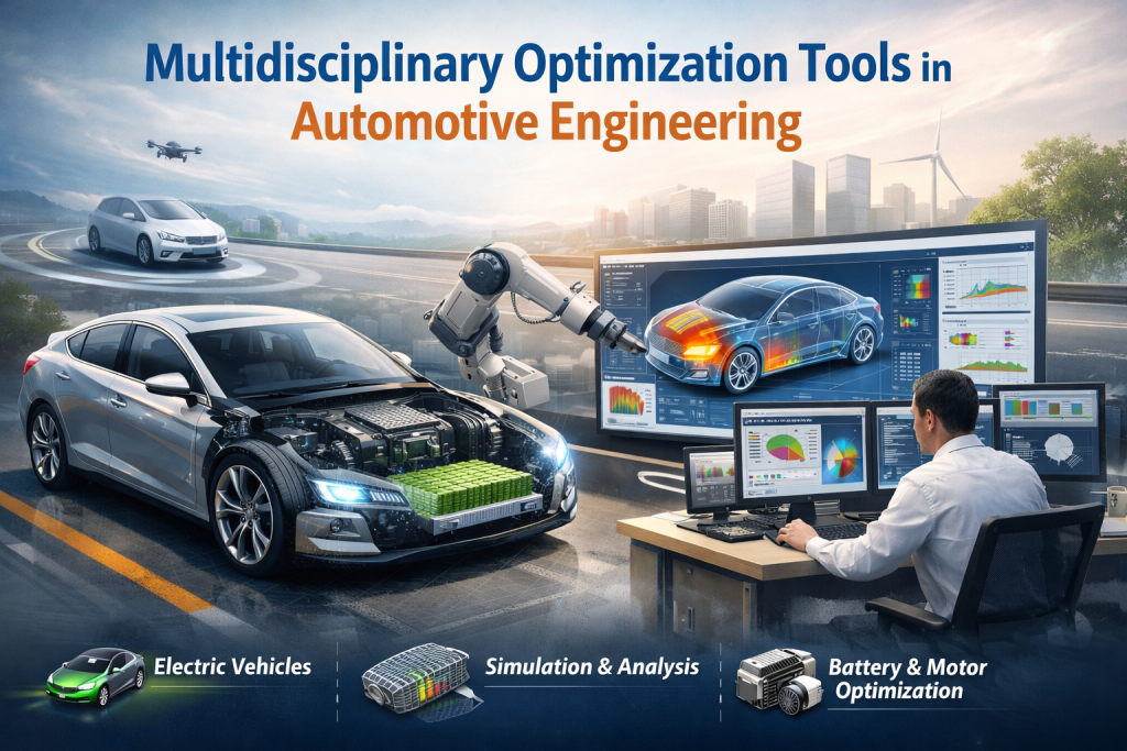 Futuristic electric vehicle and automotive engineer using MxDesign tools for multidisciplinary optimization in automotive engineering