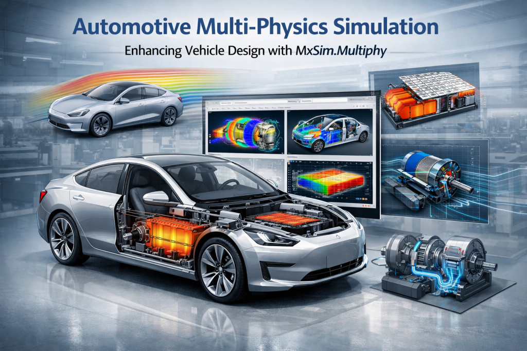 Automotive Multi-Physics Simulation with MxSim.Multiphy, showcasing vehicle design optimization and multi-domain simulations like electromagnetic, thermal, and structural analysis