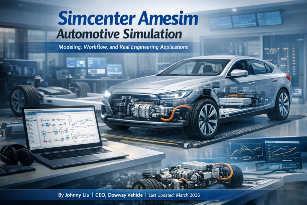 Simcenter Amesim Automotive Simulation showing a laptop with simulation data next to a silver electric car with visible system components and energy flow diagrams.