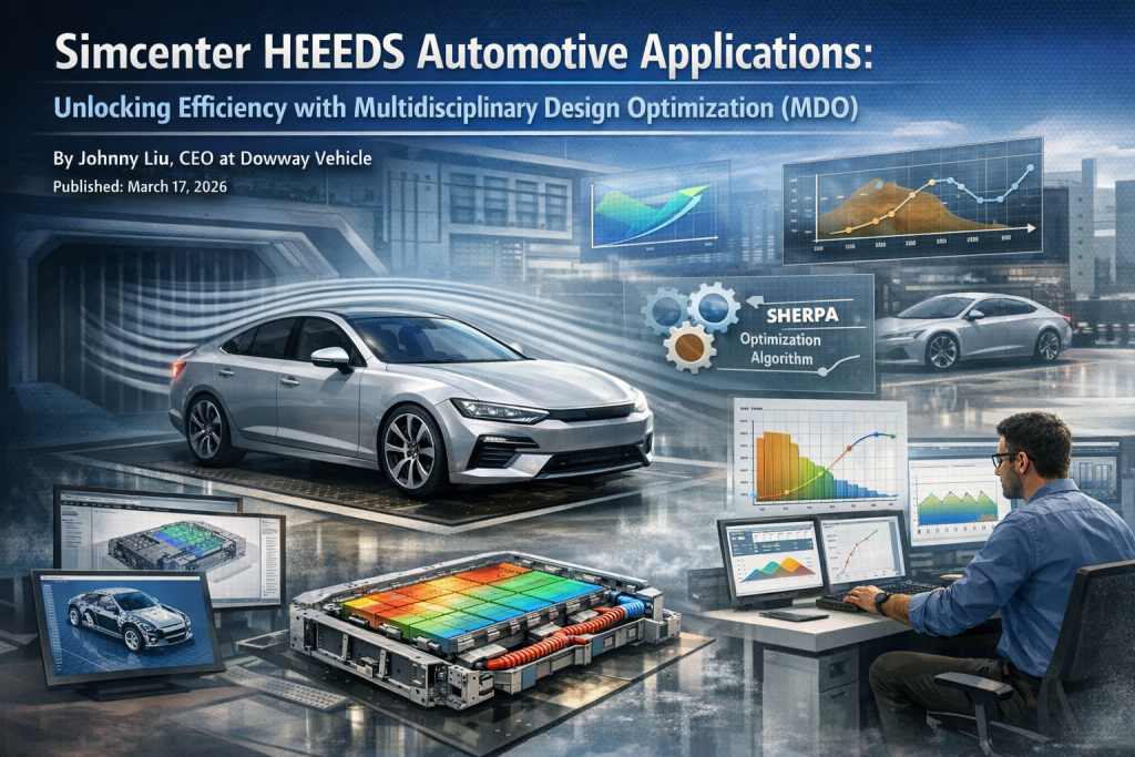 A digital composite image featuring an electric vehicle in a wind tunnel test, 3D CAD chassis model, thermal battery simulation, and an engineer analyzing data, all representing the integration of Simcenter HEEDS in automotive design optimization.