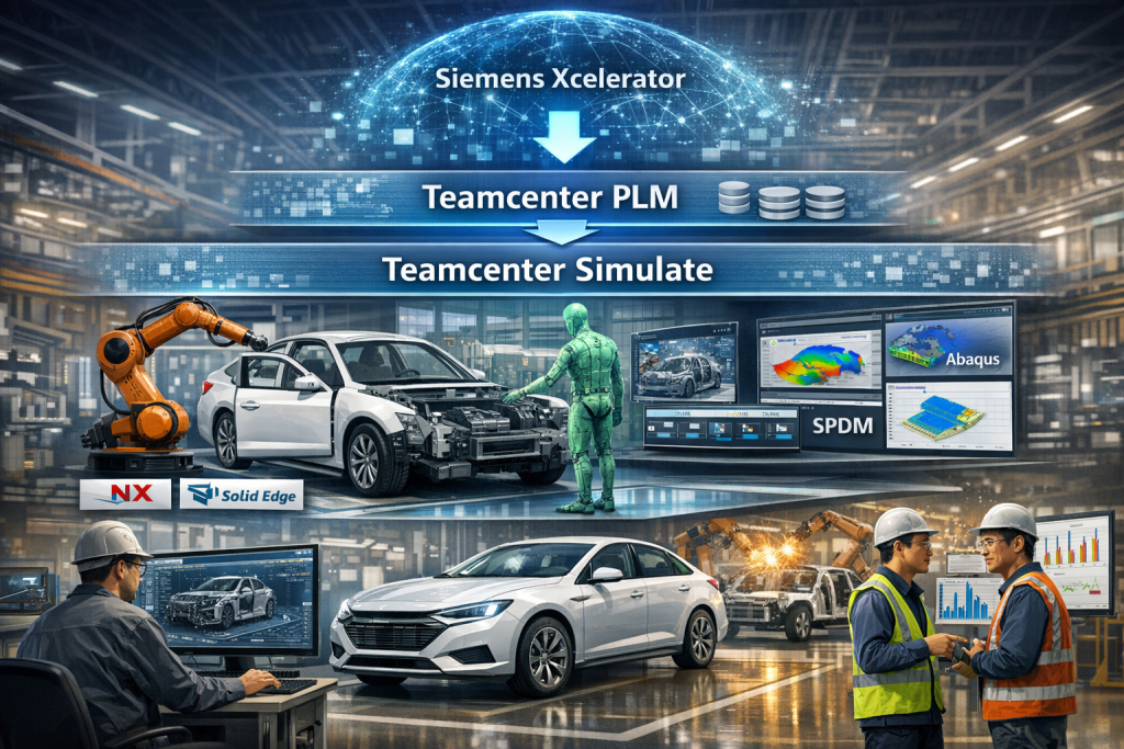Teamcenter Simulate architecture within Siemens Xcelerator showing Teamcenter PLM backbone, automotive virtual assembly simulation, and manufacturing process validation with NX, Solid Edge, and CAE integration.