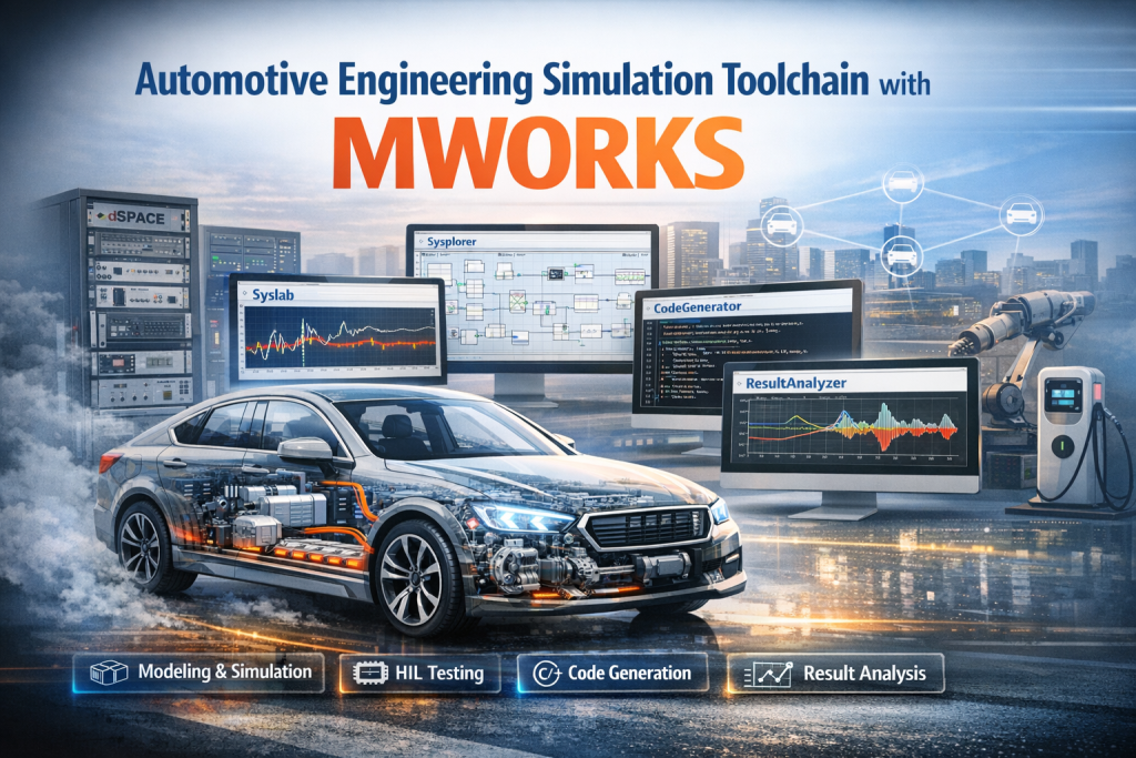 Automotive engineering simulation toolchain workspace showing multi-screen vehicle system modeling, powertrain simulation, chassis dynamics visualization, and HIL testing dashboards powered by MWORKS tools.