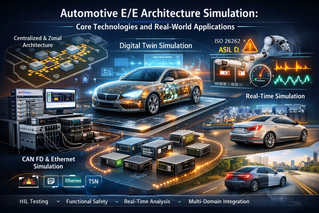 Automotive E/E architecture simulation concept showing centralized and zonal architecture, CCU and ZCU controllers, CAN FD and Ethernet network simulation, HIL testing systems, digital twin vehicle model, and ISO 26262 functional safety validation.