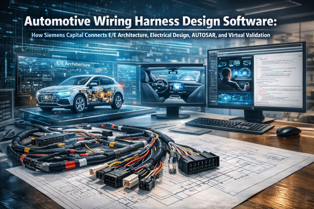 A detailed automotive wiring harness on a blueprint, accompanied by a futuristic 3D car model and digital platforms, highlighting Siemens Capital's E/E architecture, electrical design, and virtual validation capabilities.