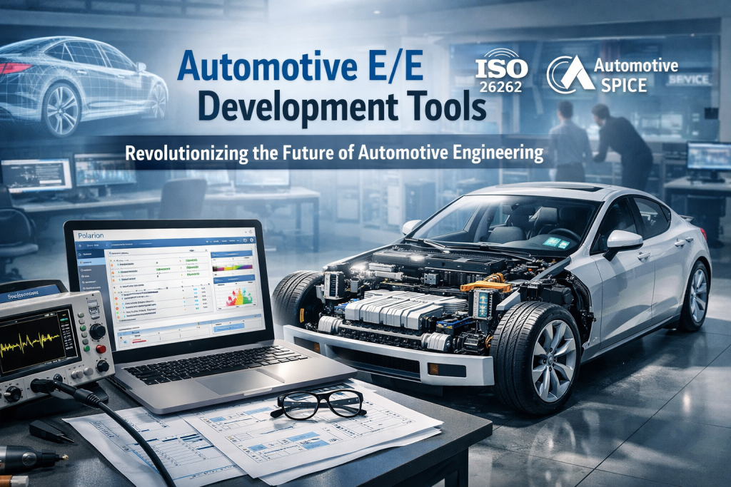 Polarion software for automotive E/E development displayed on a laptop with a futuristic electric vehicle showcasing advanced components and compliance icons for ISO 26262 and Automotive SPICE.