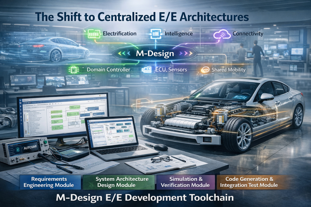 M-Design E/E Development Toolchain displayed on multiple screens with modules for requirements engineering, system architecture design, simulation, and code generation, alongside a futuristic electric vehicle under development showcasing centralized E/E architecture