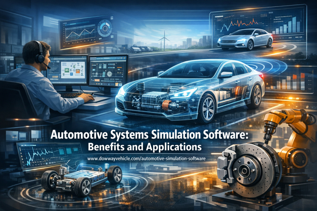 An engineer working with automotive systems simulation software, showcasing 3D models of an electric vehicle and ABS system in a high-tech workspace