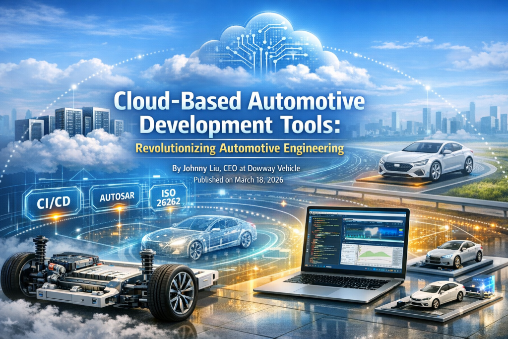 A futuristic promotional image showcasing cloud-based automotive development tools, featuring a detailed car chassis, virtual testing tools, and a laptop with automotive software, set against a modern city skyline and cloud-based server infrastructure.
