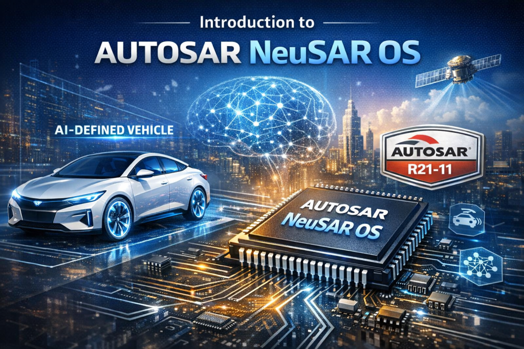 Futuristic autonomous vehicle and microchip representing AUTOSAR NeuSAR OS with holographic AI elements and cityscape