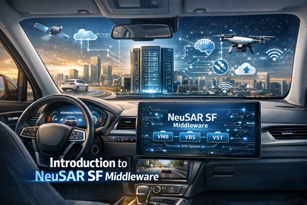 Inside view of a futuristic vehicle's dashboard displaying NeuSAR SF Middleware with autonomous driving features, connected to cloud services and cross-domain communication icons in a glowing cityscape backdrop.