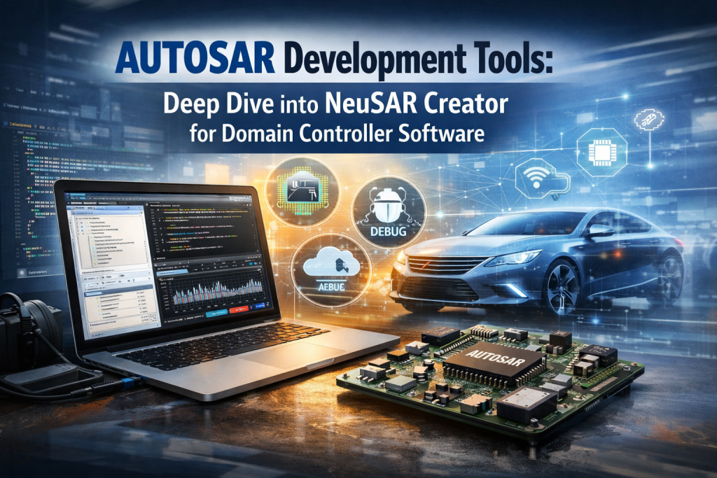 AUTOSAR development tools interface with NeuSAR Creator on laptop, domain controller ECU board, and modern connected vehicle system visualization