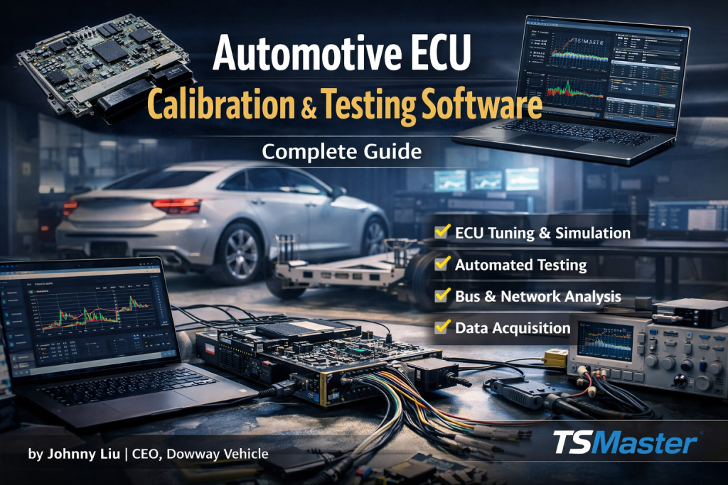 Automotive ECU Calibration & Testing Software Guide featuring TSMaster platform with ECU tuning, simulation, automated testing, and data acquisition tools in a professional lab setting.