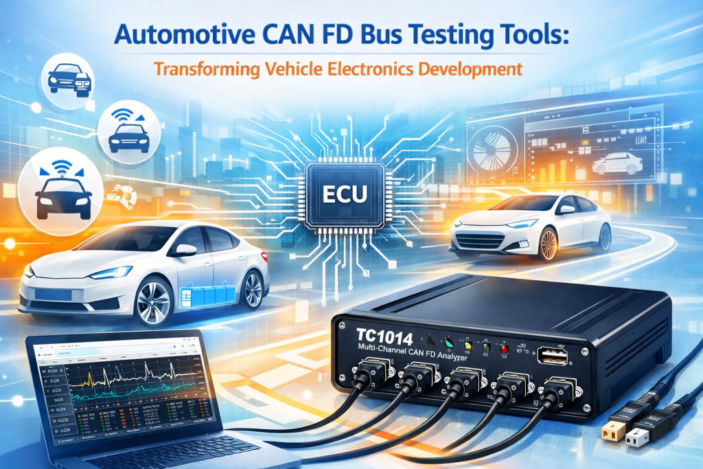 Automotive CAN FD Bus Testing Tool TC1014 in a high-tech automotive setting, showcasing its 4-channel interface and compatibility with modern vehicle systems.