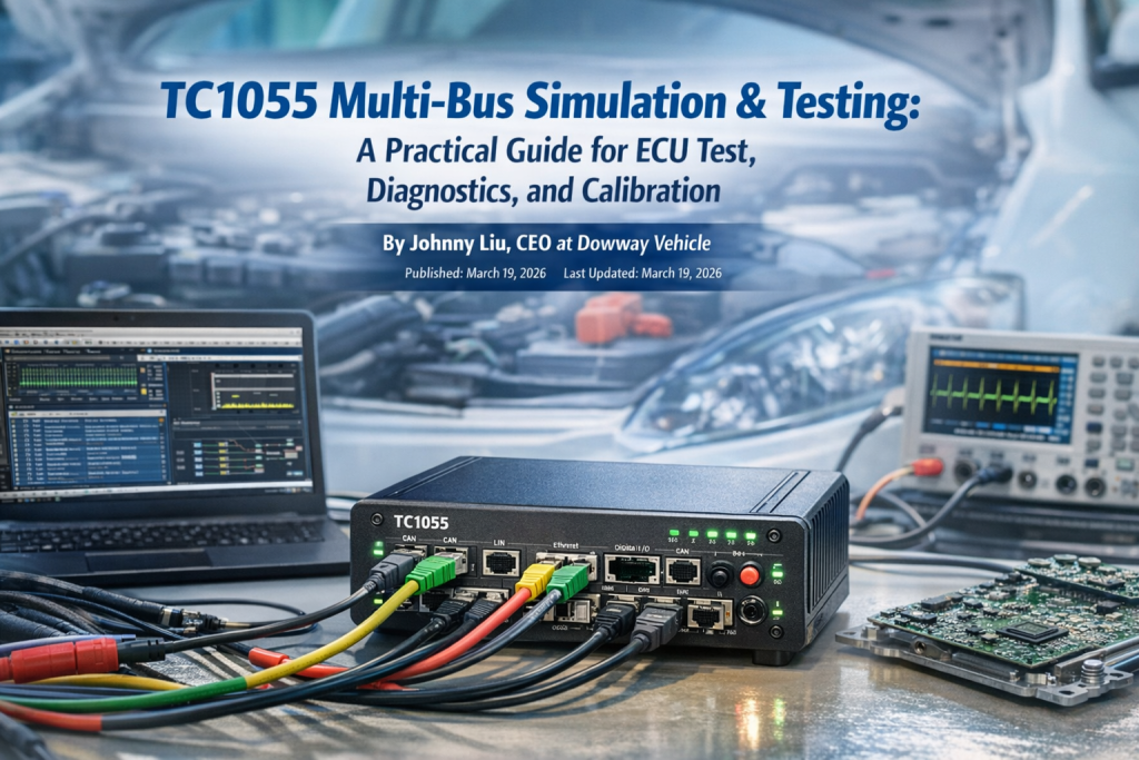 TC1055 Multi-Bus Simulation & Testing device on a workbench with cables, a laptop displaying diagnostic software, and a blurred car engine in the background.