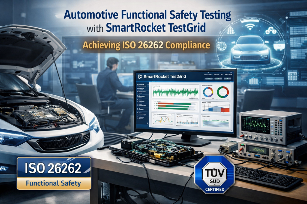A laboratory setup showing automotive functional safety testing with SmartRocket TestGrid, ISO 26262 compliance, and real-time testing data.