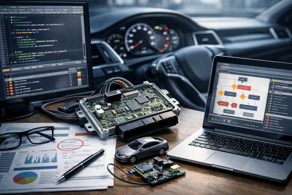 Automotive static code analysis for ISO 26262 with ECU hardware and code analysis tools on laptop screens