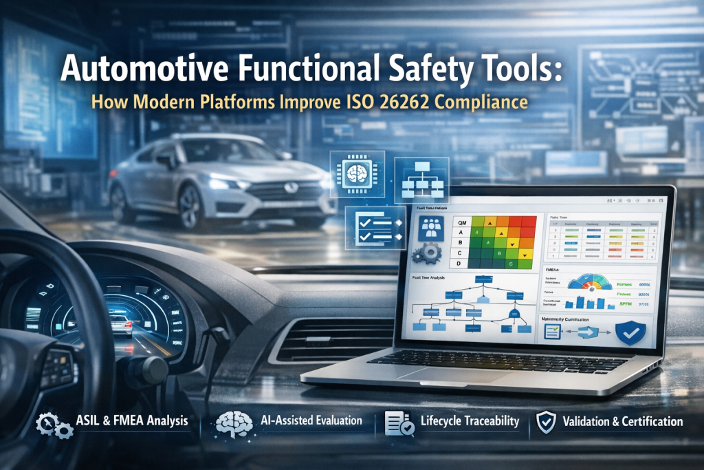 Automotive functional safety platform showing ASIL classification, FMEA analysis, and ISO 26262 compliance workflow in a modern vehicle system environment