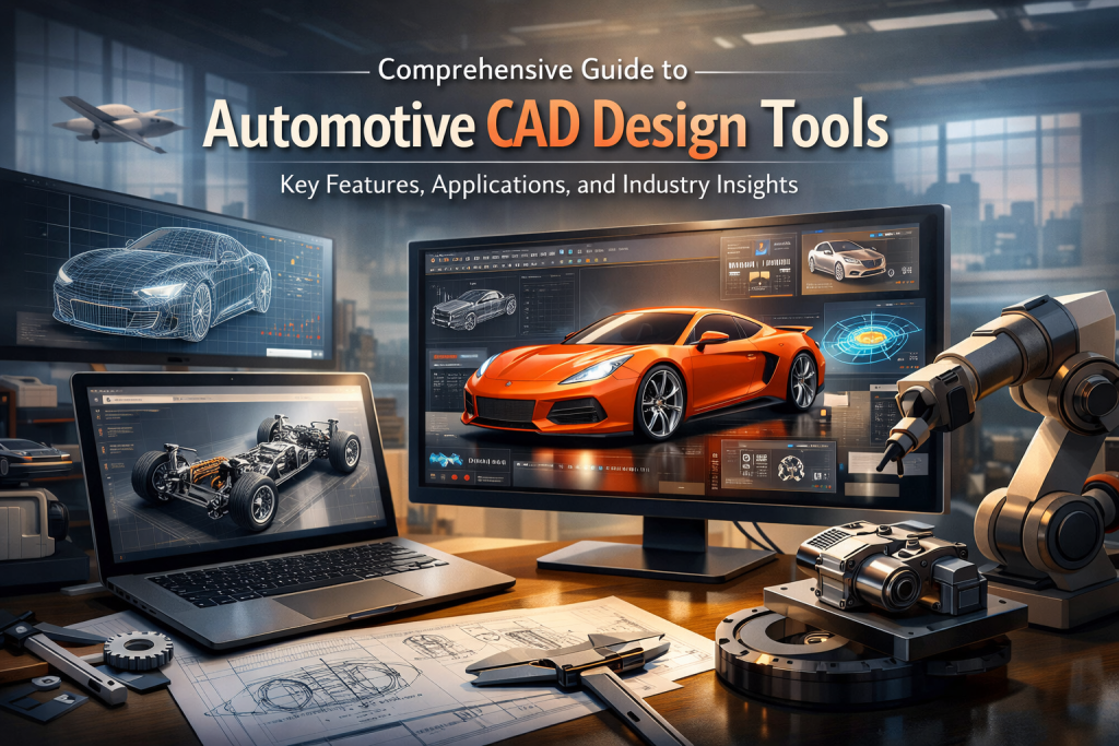 A modern automotive CAD design workspace showcasing 3D models of vehicles and components, including a sleek orange sports car, a laptop with a car chassis model, and a robotic arm holding a car part
