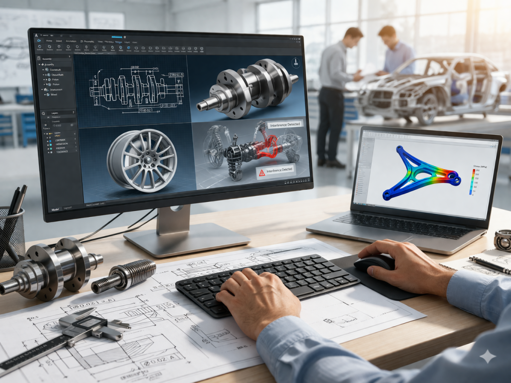 Automotive CAD workflow showing 2D drawings, 3D modeling, and engineering design process on a modern workstation