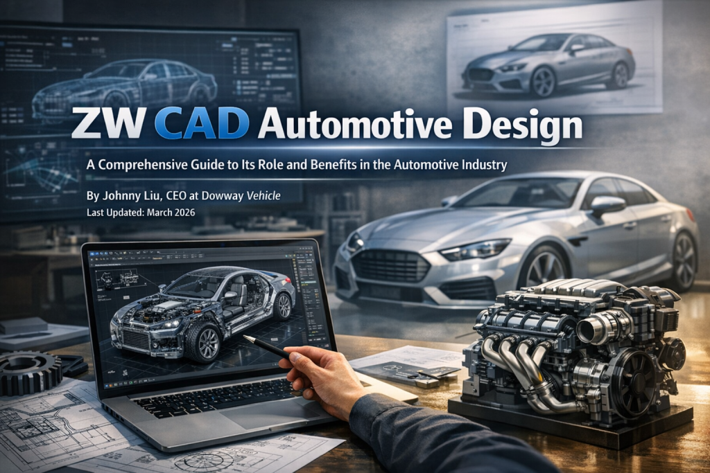 A realistic 3D rendering showcasing a ZW CAD interface with a detailed car chassis design, an engine model, and a sleek sports car. The image represents the integration of CAD tools in automotive design and engineering.