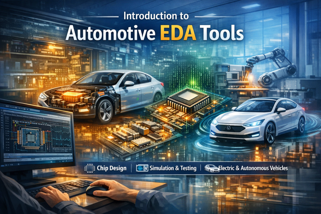 Digital illustration depicting automotive EDA tools in action, showcasing electric and autonomous vehicles, chip design, and advanced simulation. The image highlights a futuristic scene with automotive electronics, microchips, and robotic arms.