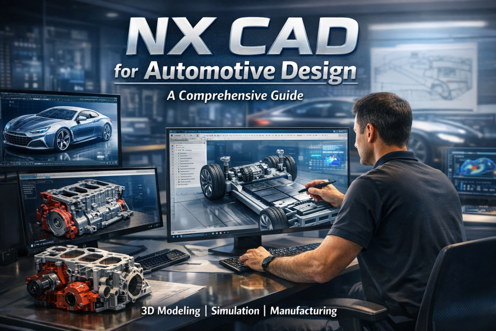 Engineer working on NX CAD for automotive design, showcasing 3D models of a sports car, engine block, and electric vehicle chassis in a high-tech automotive workspace.