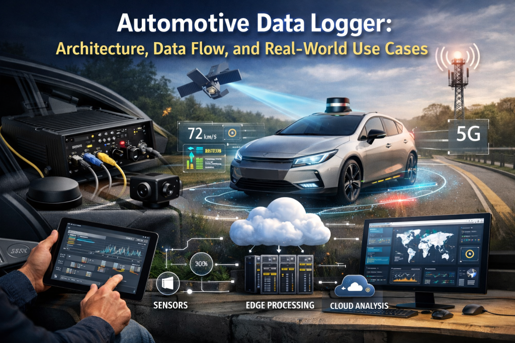 Automotive data logger system architecture showing sensors, vehicle networks, edge processing, and cloud data flow in real-world vehicle testing