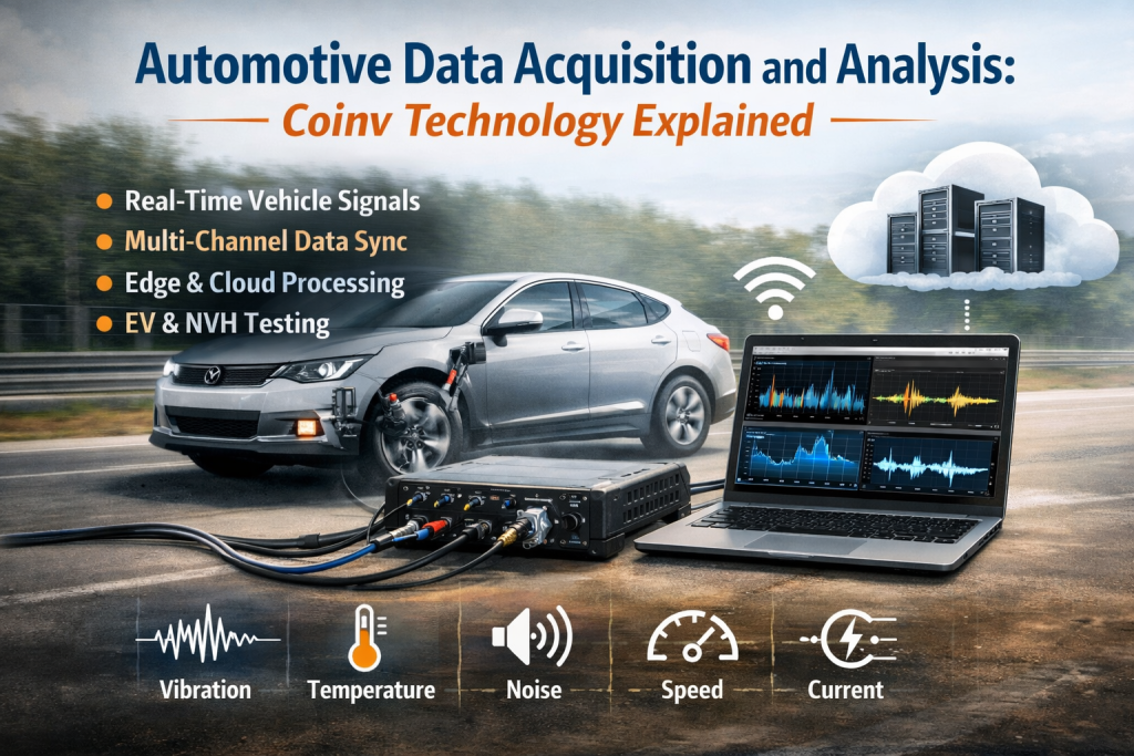 Automotive data acquisition system capturing vehicle signals including vibration temperature noise speed and current in real-time testing