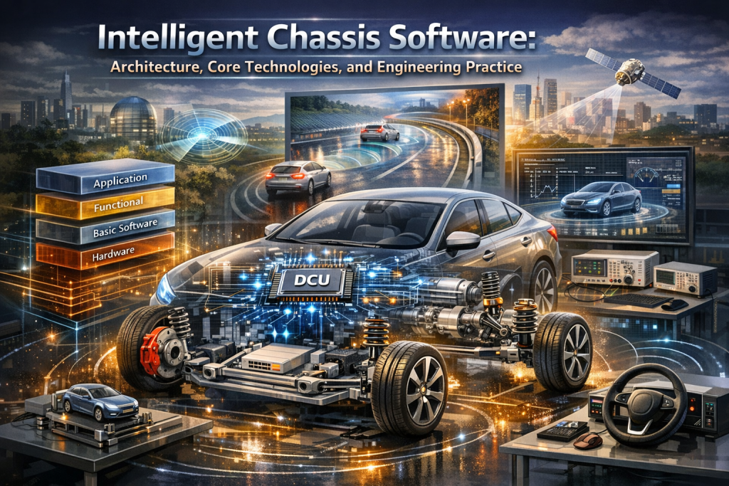 Intelligent chassis software system showing DCU architecture controlling braking steering and suspension with sensor fusion and real-time control