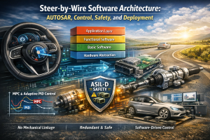 Steer-by-wire software architecture diagram showing AUTOSAR layers, control algorithms, ECU, actuator, and ASIL-D safety system