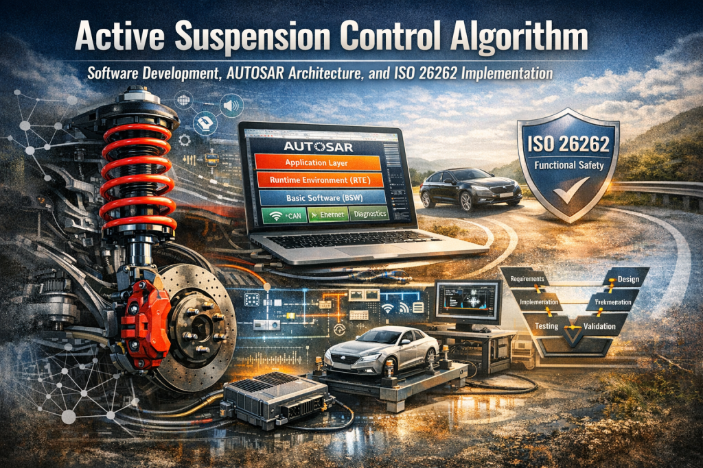 Active suspension control system with AUTOSAR architecture, ECU, sensors, and ISO 26262 safety concept in a modern vehicle