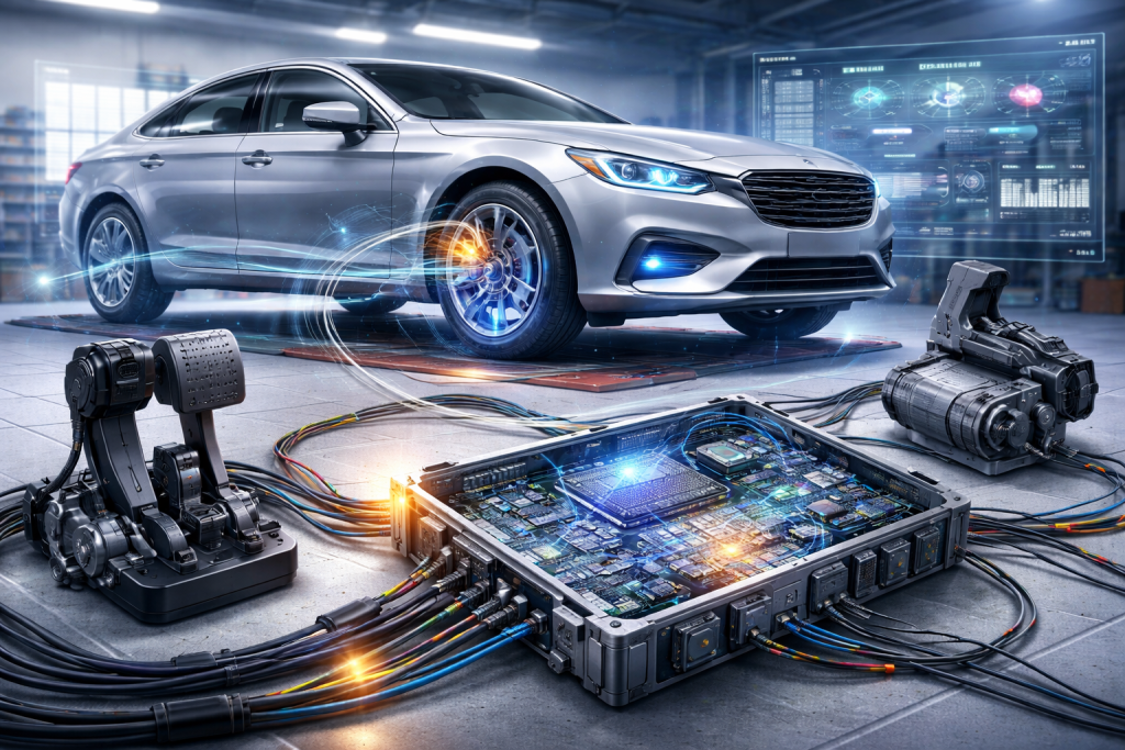 Brake-by-wire system architecture with ECU, sensors, actuators and electronic braking control in a modern vehicle