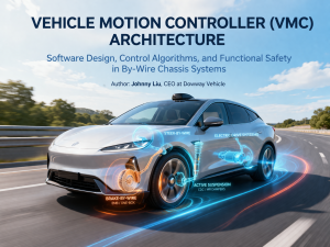 Vehicle Motion Controller (VMC) architecture showing steer-by-wire, brake-by-wire, active suspension, and electric drive coordination in a by-wire chassis system