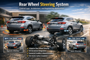 Rear wheel steering system showing opposite rear wheel angle at low speed and same-direction steering at high speed for improved maneuverability and stability