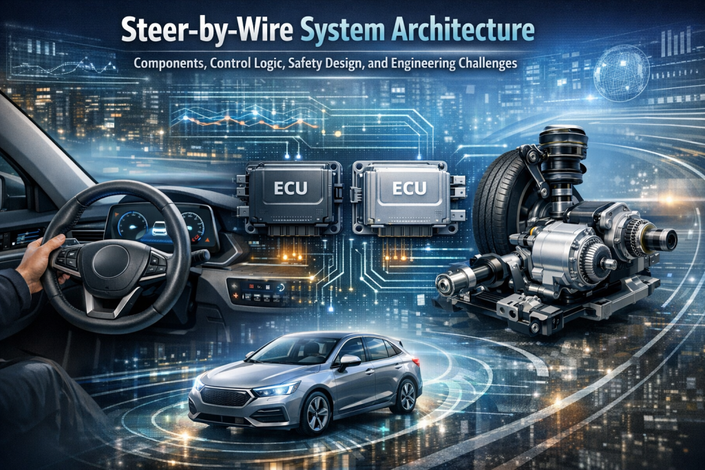 Steer-by-wire system architecture showing hand wheel actuator, dual ECU redundancy, and road wheel actuator in a closed-loop control system