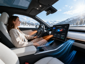 EV cabin thermal management system interior with heat pump airflow and energy-efficient heating in cold weather