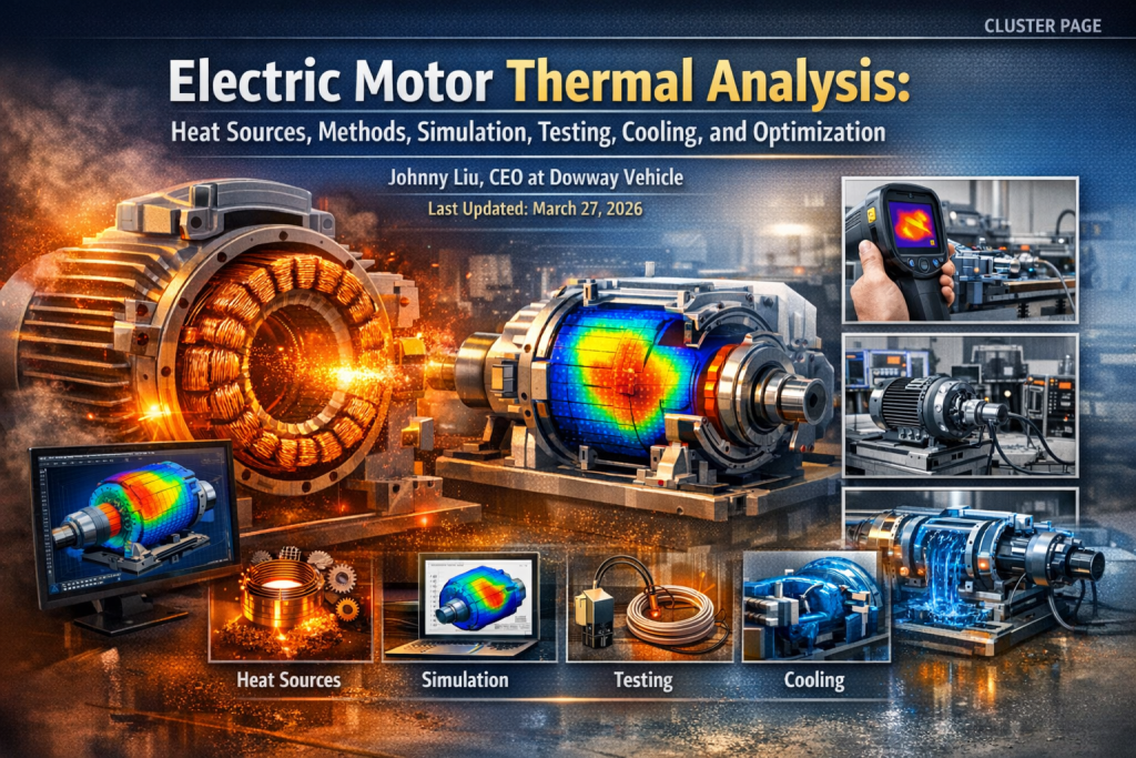 Electric motor thermal analysis illustration showing a high-performance EV motor with heat map simulation, thermal testing, cooling system, and optimization workflow in a bright realistic engineering scene.